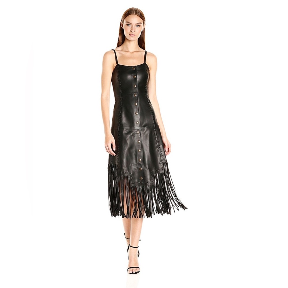 Haute Hippie Leather Fringe Slip Midi Dress